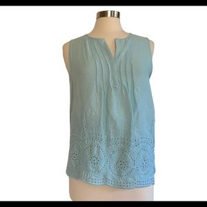 NWT Blue Linen Sleeveless Blouse MED with Smocking & Cutouts Rose & Thyme